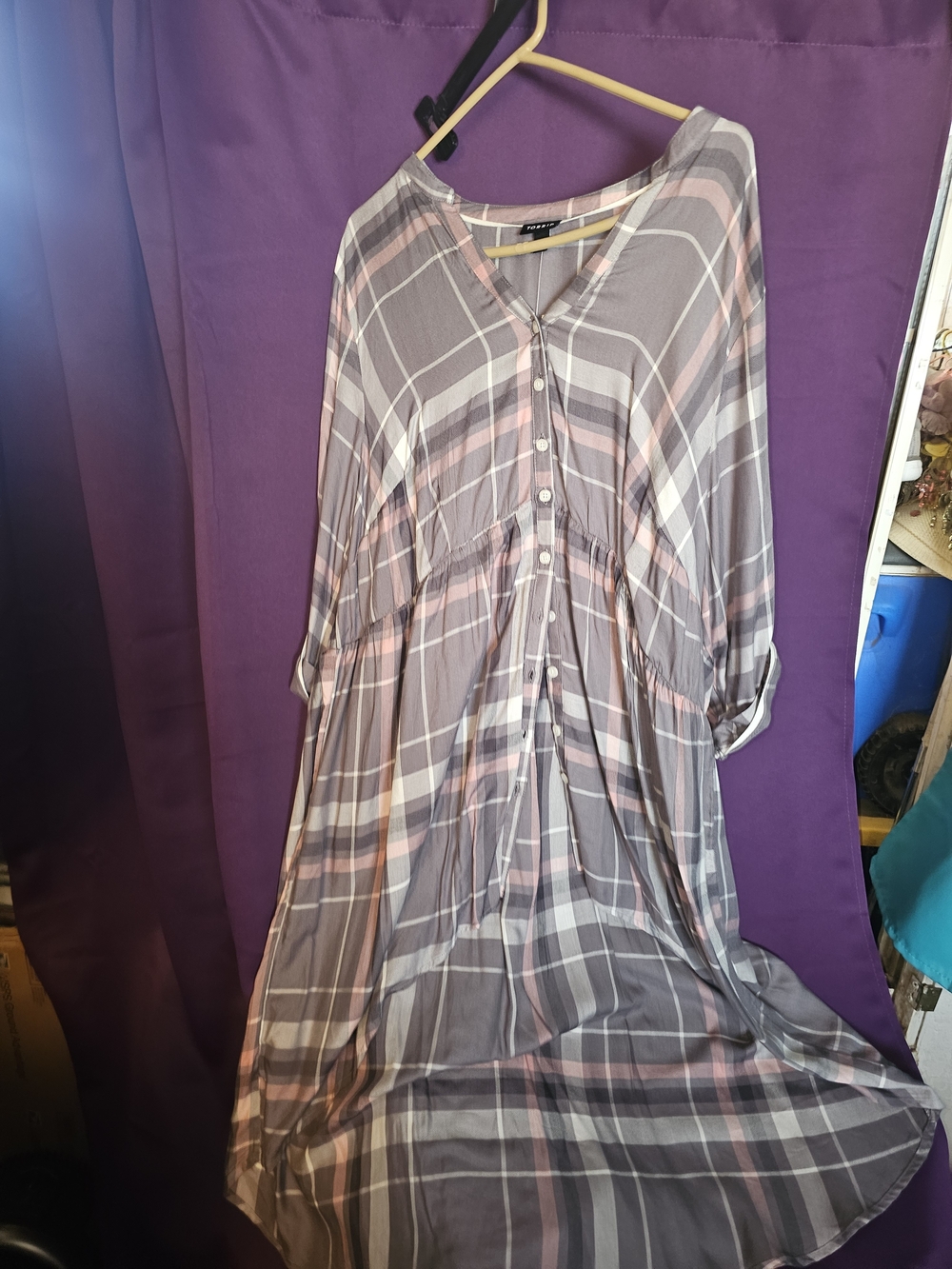 torrid Gray and Pink Plaid High-Low Button-Front Dress